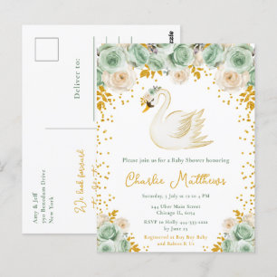 Zwaan Saliegroen en Gouden Rozen Baby Shower Briefkaart
