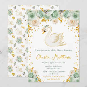 Zwaan Saliegroen en Gouden Rozen Baby Shower Kaart