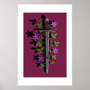 Zwaard & Clematis – Middeleeuwse Bloemige Kling Poster