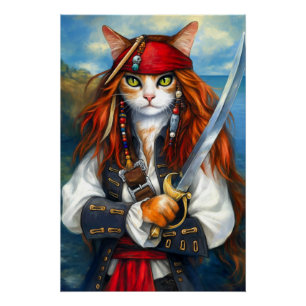 Zwaardvechter Piraat Kat   Fantasie Karakter Kunst Perfect Poster