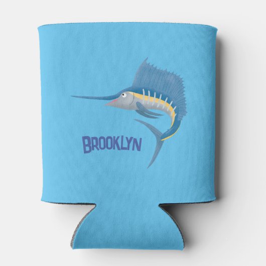 Zwaardvis zeilvis leuk cartoon illustratie blikjeskoeler (Achterkant)