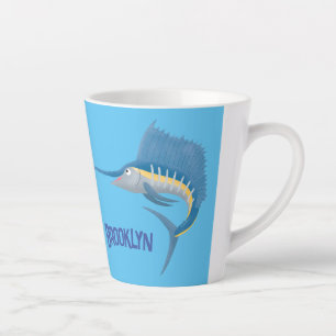 Zwaardvis zeilvis leuk cartoon illustratie latte mok