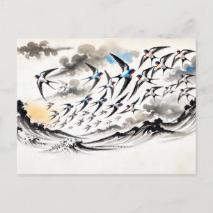 Zwaluwen die door de lucht zweven in Chinese Ink P Briefkaart