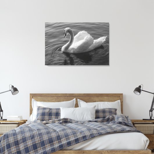 Zwan. Roath Park Lake, Cardiff, Wales B&W Canvas Afdruk (Insitu (Slaapkamer))