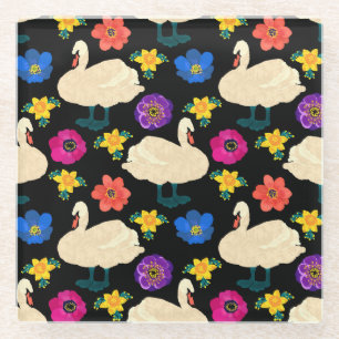 Zwanen, bloemen, met de hand getekende zwarte acht glazen onderzetter