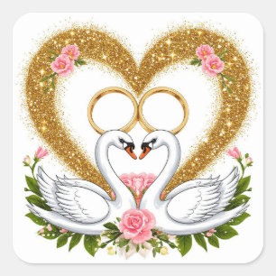 Zwanen die elkaar omhelzen in elegante artistieke  vierkante sticker