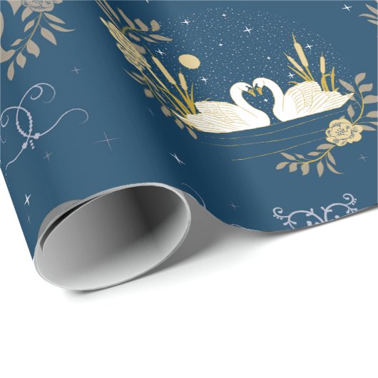 Zwanen in liefde marine en gouden cadeau cadeaupapier (Rol Hoek)