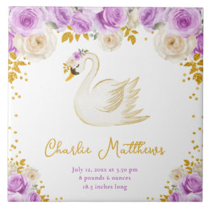 Zwanen Paarse en Gouden Rozen Geboorte Statistieke Tegeltje