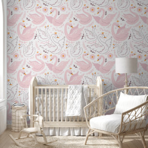Zwanen Roze en Wit Behang