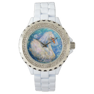 Zwanenbruid w / sluier op Water Blauw Wit Geperson Horloge