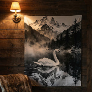 Zwanenmeer Berg Zwart en wit inktkunst Wandkleed