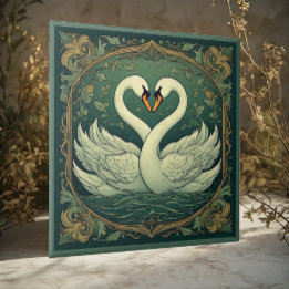 Zwanenpaar Art Nouveau bosgroen wandaccent Tegeltje