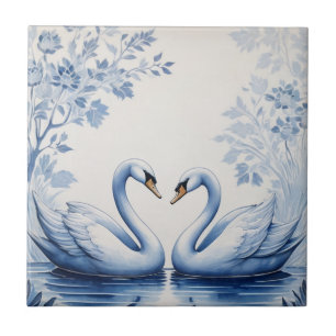 Zwanenpaar Delfts Blauw en Wit Zwaanmeervogel Tegeltje