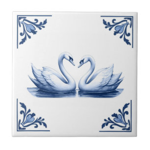 Zwanenpaar Delfts Blauw en Witte Bloemhoeken Tegeltje