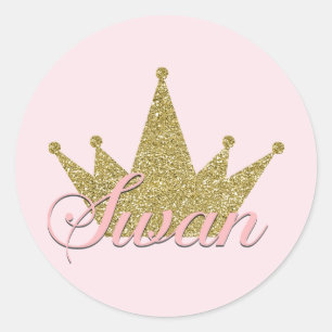 Zwanenprinses Gouden Glitter Kroon Verjaardagsfees Ronde Sticker
