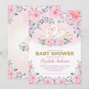 Zwanenprinses Lavendel Roze pioenen Baby shower Kaart