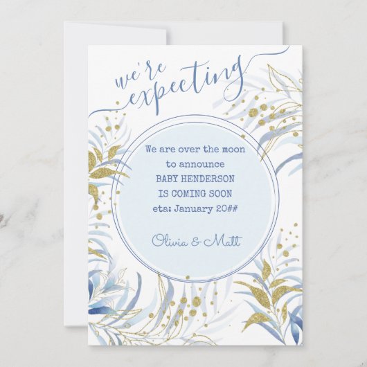 Zwangerschap op blauwe en goudvloed aankondiging (Voorkant)
