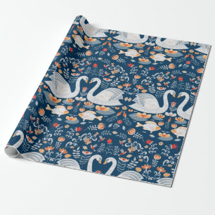 Zwans, vis, bloemen op een blauwe achtergrond. Dec Cadeaupapier