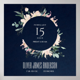 ZWARE FLORAL WREATH WATERVERF BABY BIRTSTATS POSTER