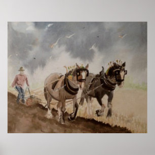 Zware paarden die onder een zware hemel stromen poster