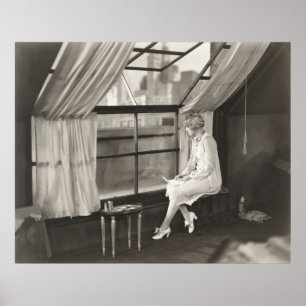 Zware vrouw die uit de raam1940 staart, vrouw, vin poster