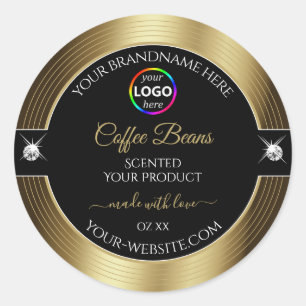 Zwarige glanzende koffiebruine productlabel met lo ronde sticker