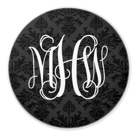 Zwart 2 Tone Damask #3 Vine Script Monogram Keramische Knop (Voorkant)
