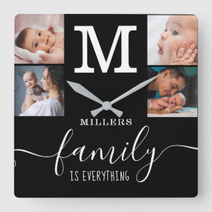 Zwart 4 Foto Collage Familienaam Quote Monogram Vierkante Klok