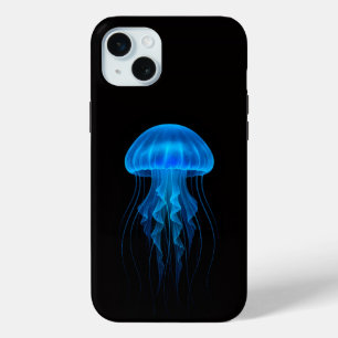 Zwart 4 Luxe iPhone 15 Plus, Neon Blauwe Kwallen Mini Hoesje
