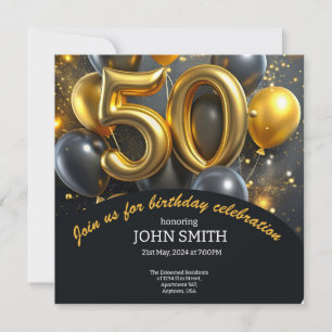 Zwart 50e verjaardag gouden ballonnen glitteren save the date