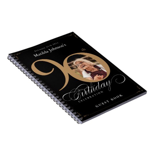 Zwart 90e verjaardag Goud Elegant Script Gastenboe Notitieboek (Rechterzijde)