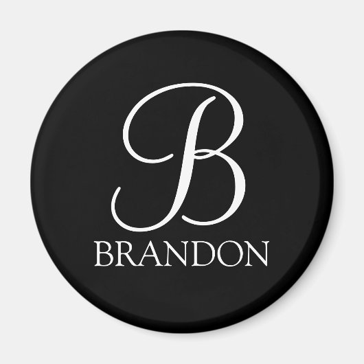 Zwart, aangepast script monogram en naam magneet (Voorkant)