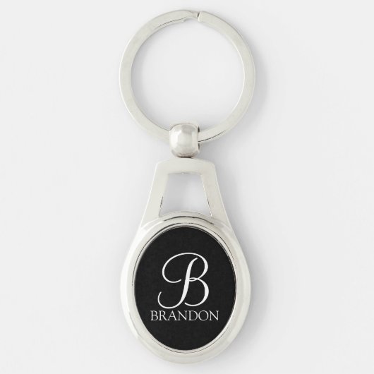 Zwart, aangepast script monogram en naam sleutelhanger (Voorkant)