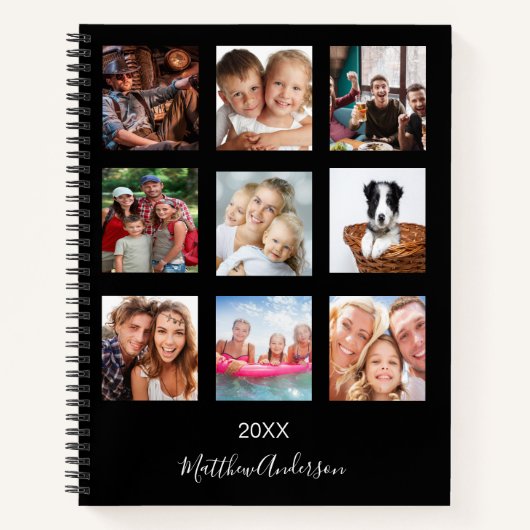 Zwart aangepaste fotocollage monogram modern 2023 notitieboek (Voorkant)