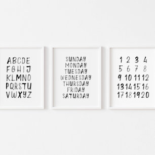 Zwart ABC nummers dag van de week print set van 3