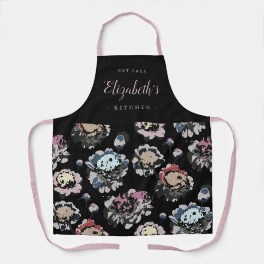 Zwart abstract bloempatroon op maat gekookt schort (Voorkant)