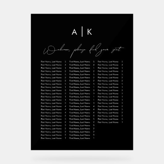 Zwart acryl zitschema acryl bord (Voorkant)