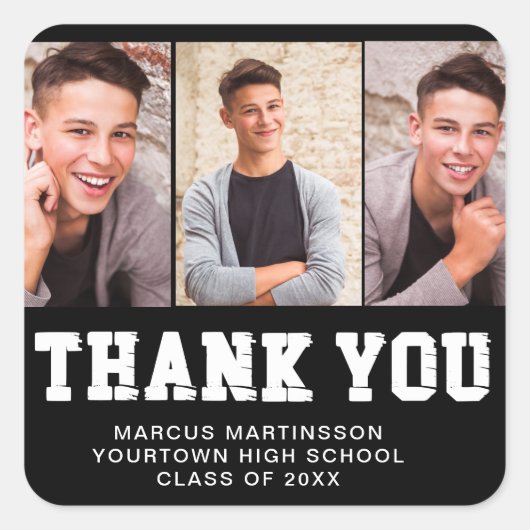 Zwart Afstuderen 3 foto Dank u Vierkante Sticker (Voorkant)