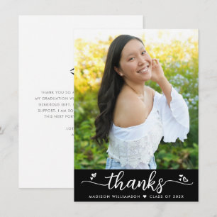 Zwart Afstuderen Foto Modern Elegant Script Heart Bedankkaart