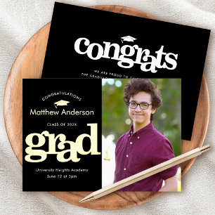 Zwart afstuderen foto moderne typografie echt goud folie uitnodiging