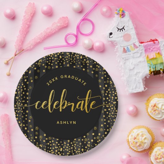 Zwart afstuderen goud glitter script confetti naam papieren bordje (Feest)
