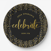 Zwart afstuderen goud glitter script confetti naam papieren bordje (Voorkant)