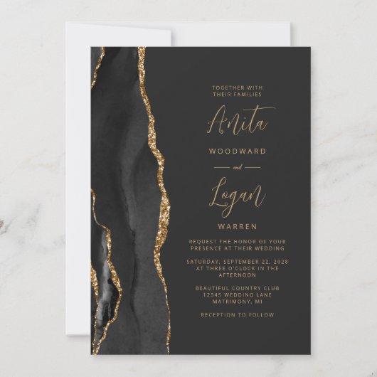 Zwart Agaat Elegant Goud Script Bruiloft Kaart (Voorkant)