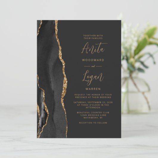Zwart Agaat Elegant Goud Script Bruiloft Kaart (Staand voorkant)