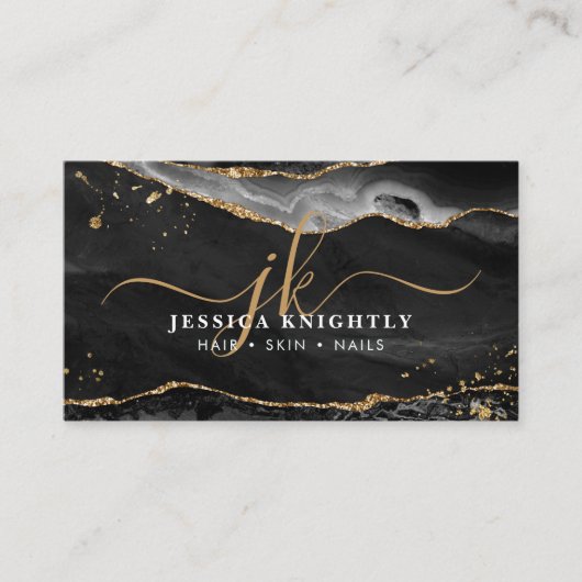 Zwart Agaat Goud Glitter Script Monogram Visitekaartje (Voorkant)