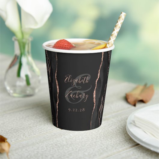 Zwart Agaat Roos Goud Glitter Script Bruiloft Papieren Bekers (Insitu)