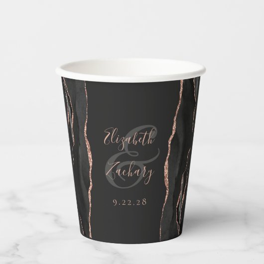 Zwart Agaat Roos Goud Glitter Script Bruiloft Papieren Bekers (Voorkant)