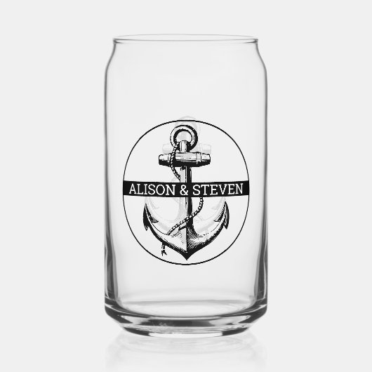 Zwart anker en namen nautische bruiloft blikvorm glas (Voorkant)
