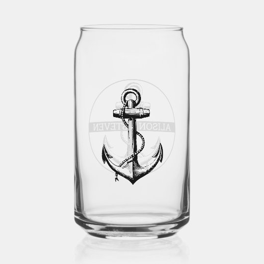 Zwart anker en namen nautische bruiloft blikvorm glas (Achterkant)