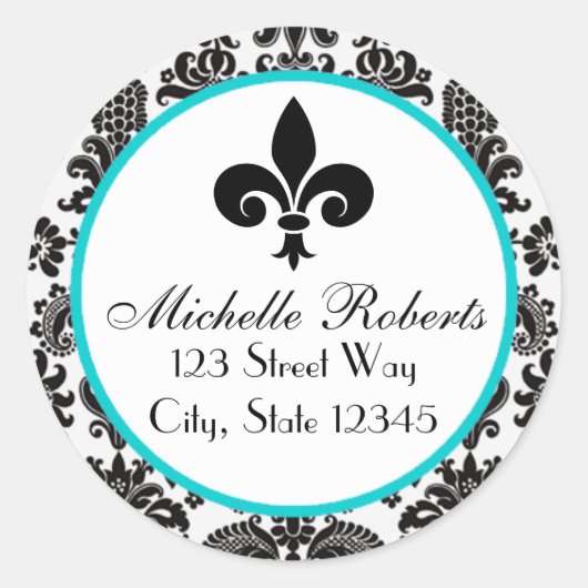 Zwart & Aqua Damask Fleur De Lys Adreslabel Ronde Sticker (Voorkant)